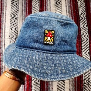 RVCA Woke Denim bucket hat with mushroom design